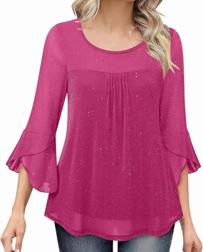 Sequin Tops for Women Ruffle 3/4 Sleeve Glitter Sparkly Tops Crew Neck Party Shirts Elegant Double Layers Mesh Tunic Tops