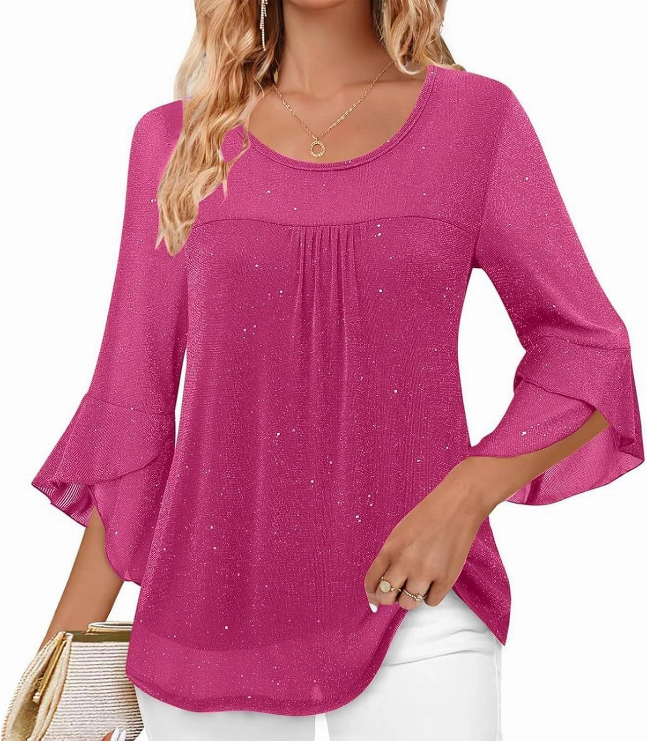 Sequin Tops for Women Ruffle 3/4 Sleeve Glitter Sparkly Tops Crew Neck Party Shirts Elegant Double Layers Mesh Tunic Tops