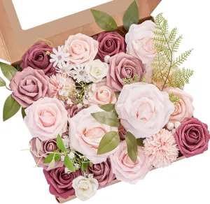 Serwalin Artificial Flowers Dusty Rose Fake Silk Flowers for DIY Wedding Bridal Bouquets Pink Fake Rose Flowers Combo Centerpieces Arrangements Party Baby Showers Home Cake Decorations