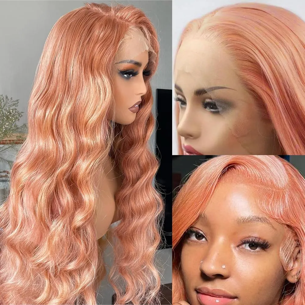 SFD Pink Blonde Lace Front Wig Human Hair 13x4 HD Lace Rose Gold Human Hair Wigs Pre Plucked Pink Body Wave Wig 150% Density Strawberry Blonde Lace Front Wig 20 Inch