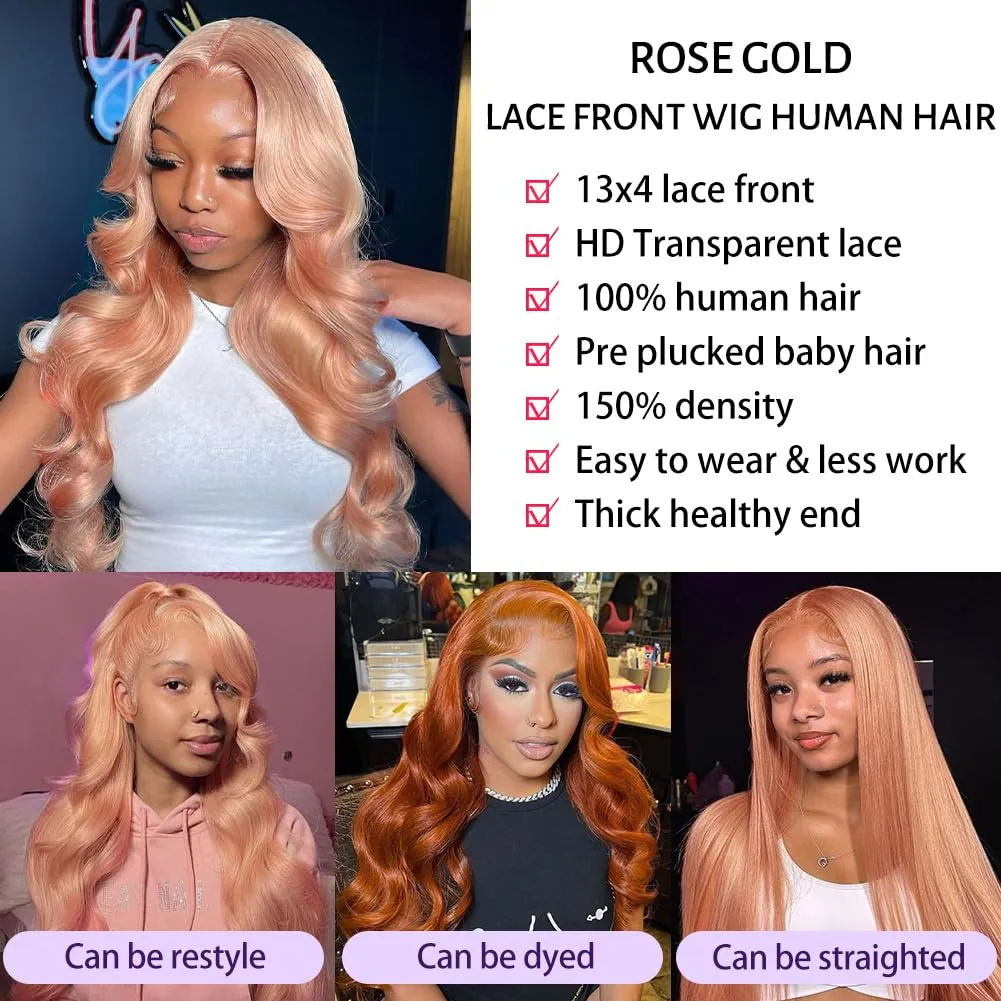 SFD Pink Blonde Lace Front Wig Human Hair 13x4 HD Lace Rose Gold Human Hair Wigs Pre Plucked Pink Body Wave Wig 150% Density Strawberry Blonde Lace Front Wig 20 Inch