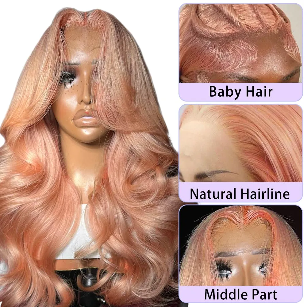 SFD Pink Blonde Lace Front Wig Human Hair 13x4 HD Lace Rose Gold Human Hair Wigs Pre Plucked Pink Body Wave Wig 150% Density Strawberry Blonde Lace Front Wig 20 Inch