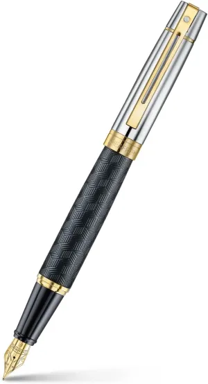 Sheaffer 300 Fountain Pen | E9347 Engraved Matt Black Barrel and Shiny Chrome Cap with PVD Gold Trims | Fine Nib | Premium Fountain Pen