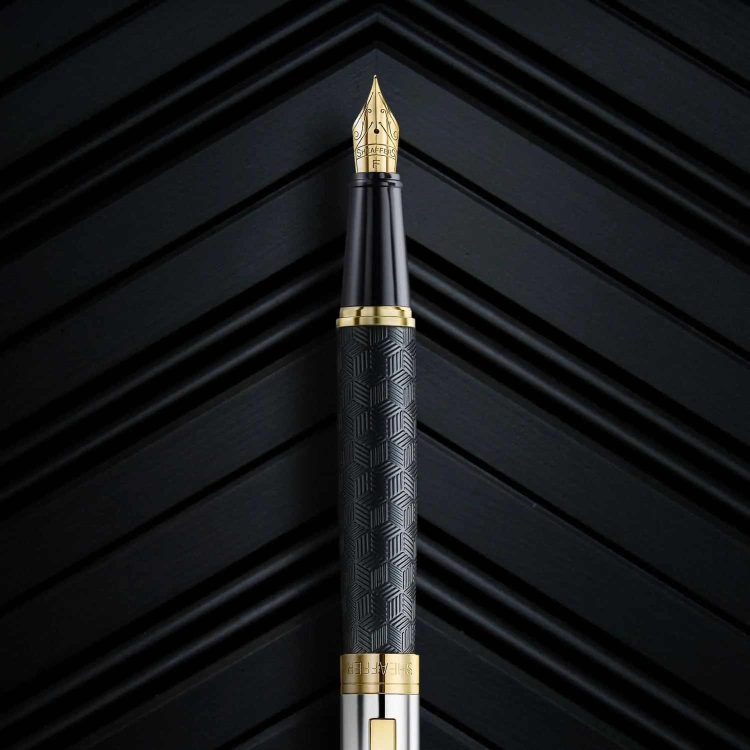 Sheaffer 300 Fountain Pen | E9347 Engraved Matt Black Barrel and Shiny Chrome Cap with PVD Gold Trims | Fine Nib | Premium Fountain Pen