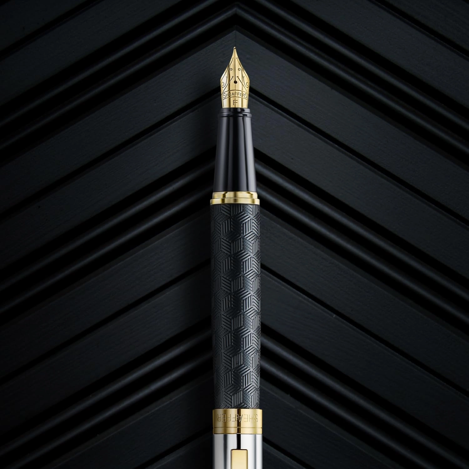 Sheaffer 300 Fountain Pen | E9347 Engraved Matt Black Barrel and Shiny Chrome Cap with PVD Gold Trims | Fine Nib | Premium Fountain Pen