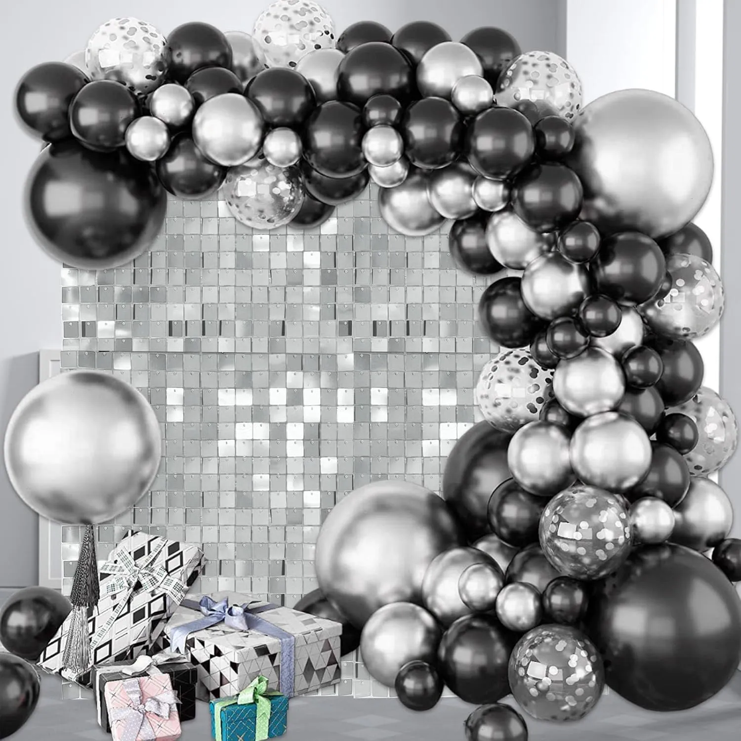 Shimmer Wall Backdrop, 12PCS Square Silver Sequin Photo Backdrops Panel, Glitter Wall Background for Birthdays, Weddings, Engagements, Baby Showers, Disco Bachelorette Party Decoration (3FTx4FT)