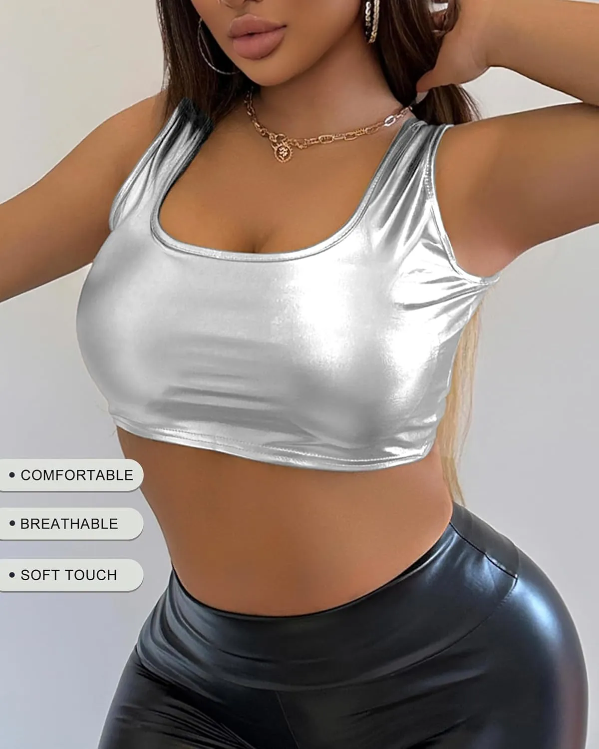 Shiny Metallic Crop Tank Top for Women - Party Wear, Sexy Clubwear, Concert Outfits, Trendy Sleeveless Bralette