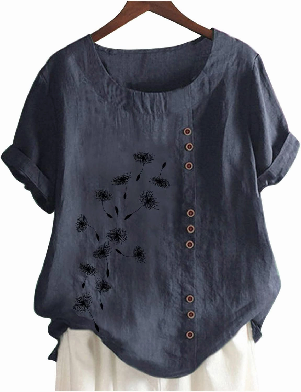 Short Sleeve Casual Shirts for Women Flower Print Button Crew Neck Cotton Linen Top 2023 Fashion Office Work Blouse
