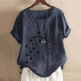 Short Sleeve Casual Shirts for Women Flower Print Button Crew Neck Cotton Linen Top 2023 Fashion Office Work Blouse