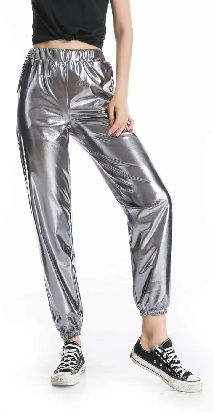 SIAEAMRG Womens Shiny Metallic High Waist Stretchy Jogger Pants, Wet Look Hip Hop Club Wear Holographic Trousers Sweatpant