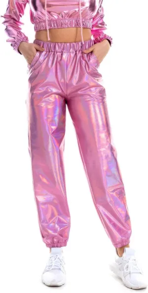 SIAEAMRG Womens Shiny Metallic High Waist Stretchy Jogger Pants, Wet Look Hip Hop Club Wear Holographic Trousers Sweatpant