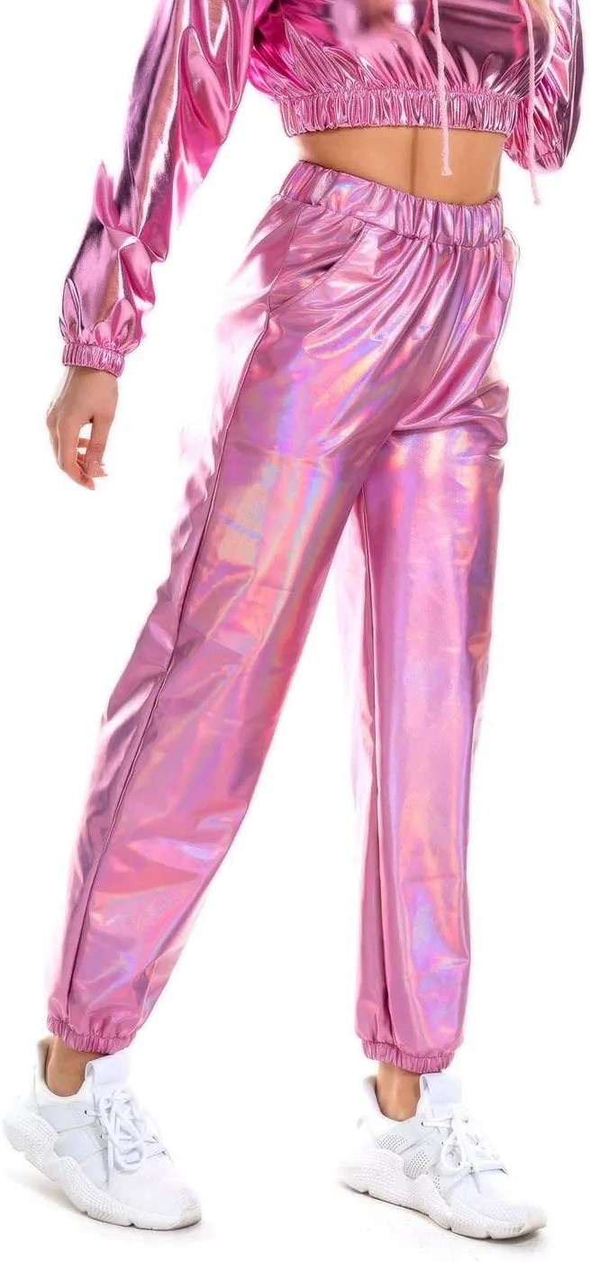 SIAEAMRG Womens Shiny Metallic High Waist Stretchy Jogger Pants, Wet Look Hip Hop Club Wear Holographic Trousers Sweatpant