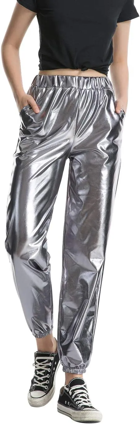SIAEAMRG Womens Shiny Metallic High Waist Stretchy Jogger Pants, Wet Look Hip Hop Club Wear Holographic Trousers Sweatpant