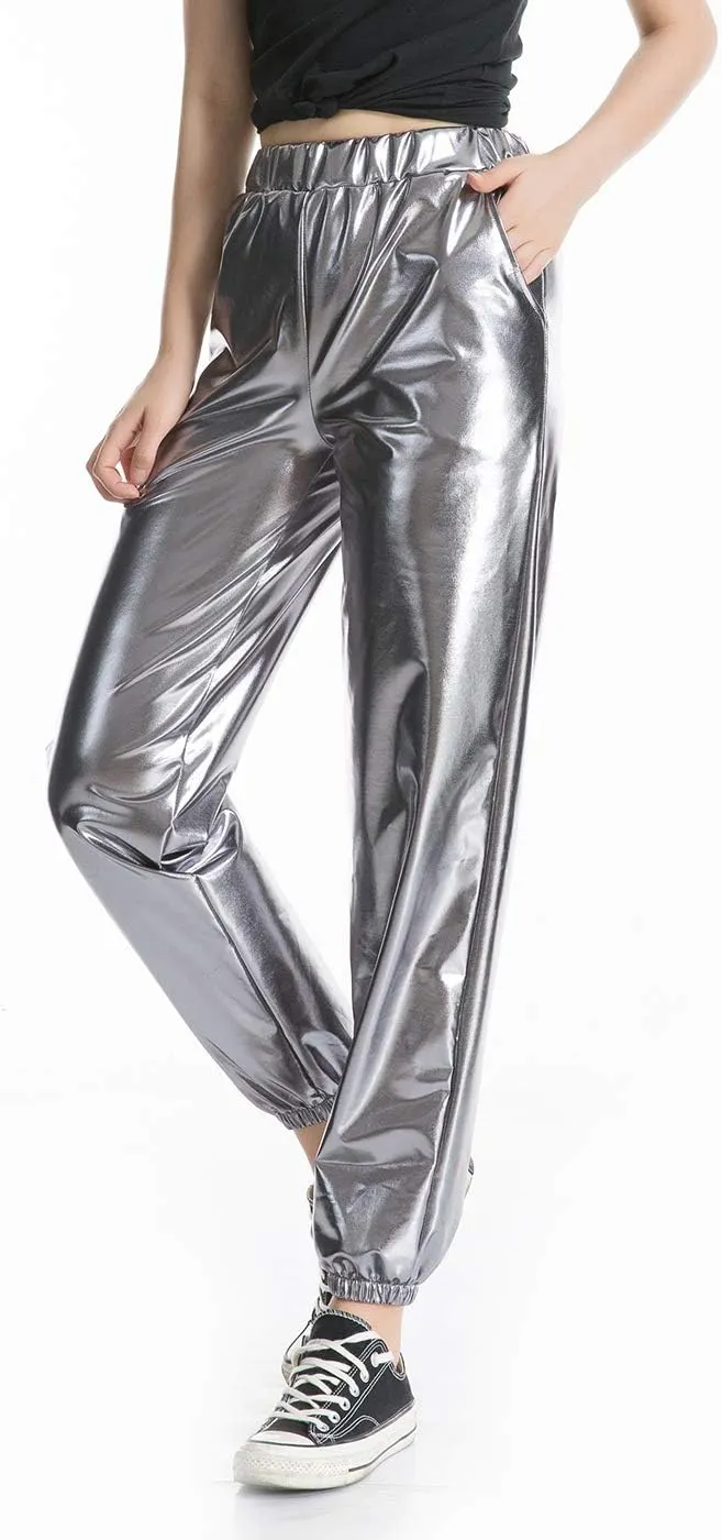 SIAEAMRG Womens Shiny Metallic High Waist Stretchy Jogger Pants, Wet Look Hip Hop Club Wear Holographic Trousers Sweatpant