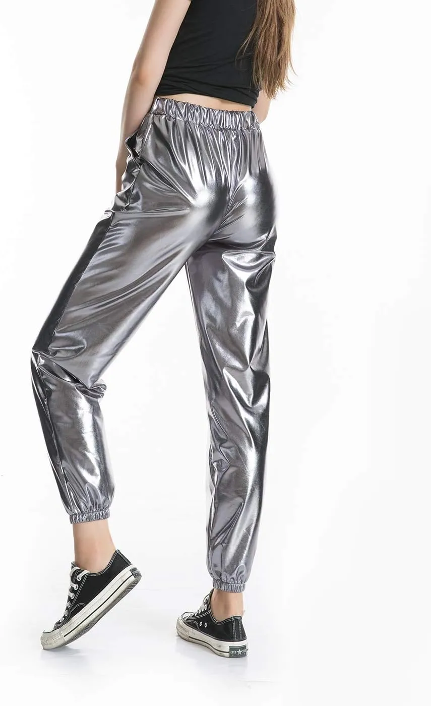 SIAEAMRG Womens Shiny Metallic High Waist Stretchy Jogger Pants, Wet Look Hip Hop Club Wear Holographic Trousers Sweatpant