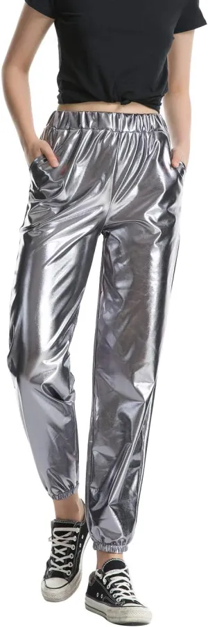 SIAEAMRG Womens Shiny Metallic High Waist Stretchy Jogger Pants, Wet Look Hip Hop Club Wear Holographic Trousers Sweatpant