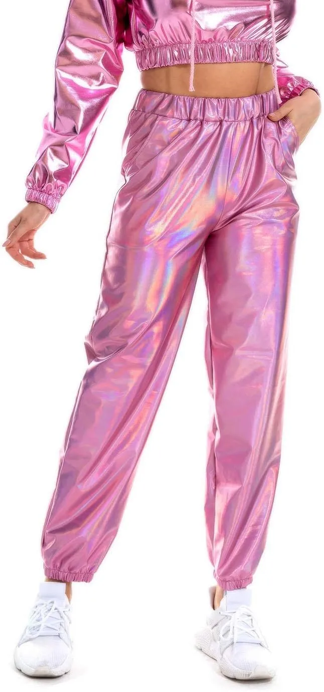 SIAEAMRG Womens Shiny Metallic High Waist Stretchy Jogger Pants, Wet Look Hip Hop Club Wear Holographic Trousers Sweatpant