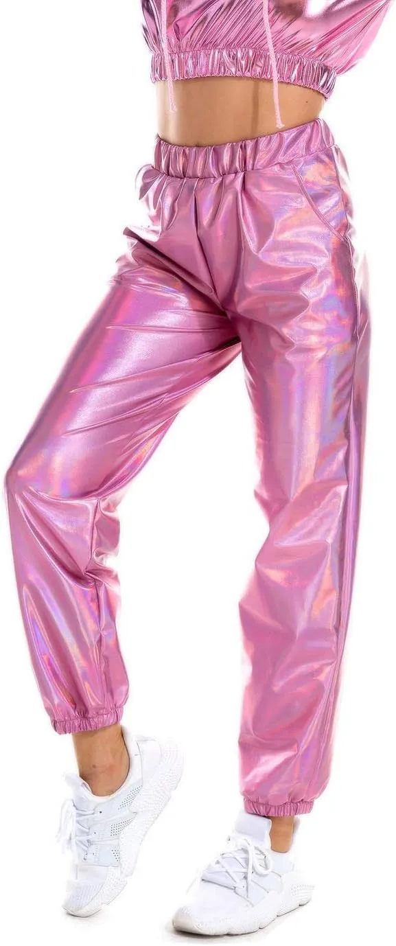SIAEAMRG Womens Shiny Metallic High Waist Stretchy Jogger Pants, Wet Look Hip Hop Club Wear Holographic Trousers Sweatpant