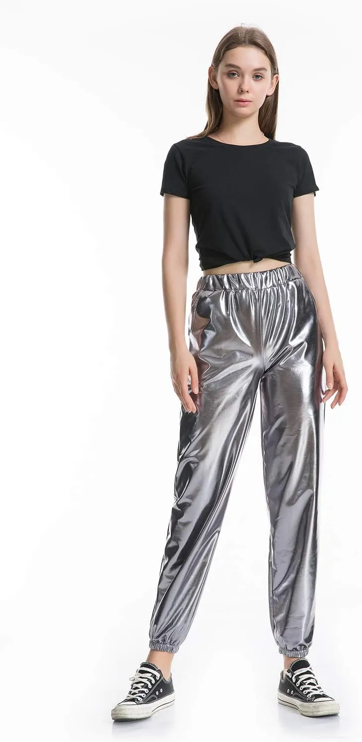 SIAEAMRG Womens Shiny Metallic High Waist Stretchy Jogger Pants, Wet Look Hip Hop Club Wear Holographic Trousers Sweatpant