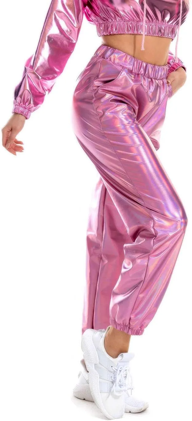 SIAEAMRG Womens Shiny Metallic High Waist Stretchy Jogger Pants, Wet Look Hip Hop Club Wear Holographic Trousers Sweatpant