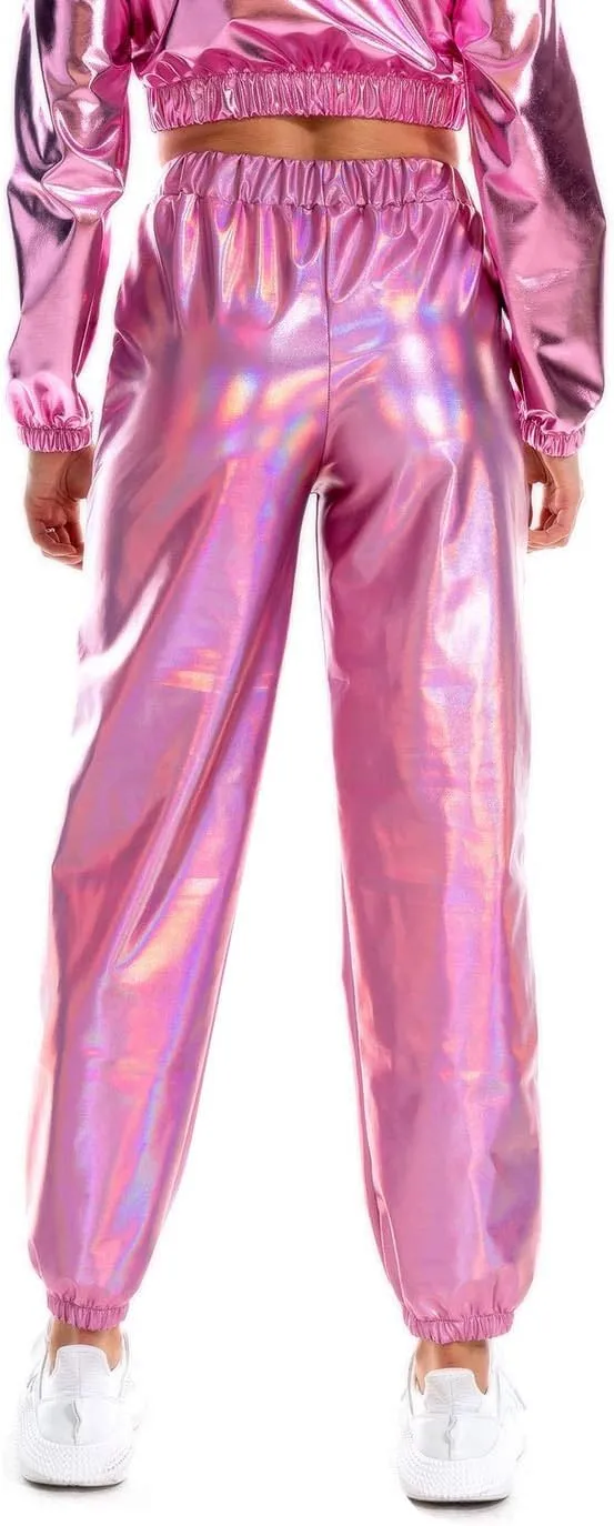 SIAEAMRG Womens Shiny Metallic High Waist Stretchy Jogger Pants, Wet Look Hip Hop Club Wear Holographic Trousers Sweatpant