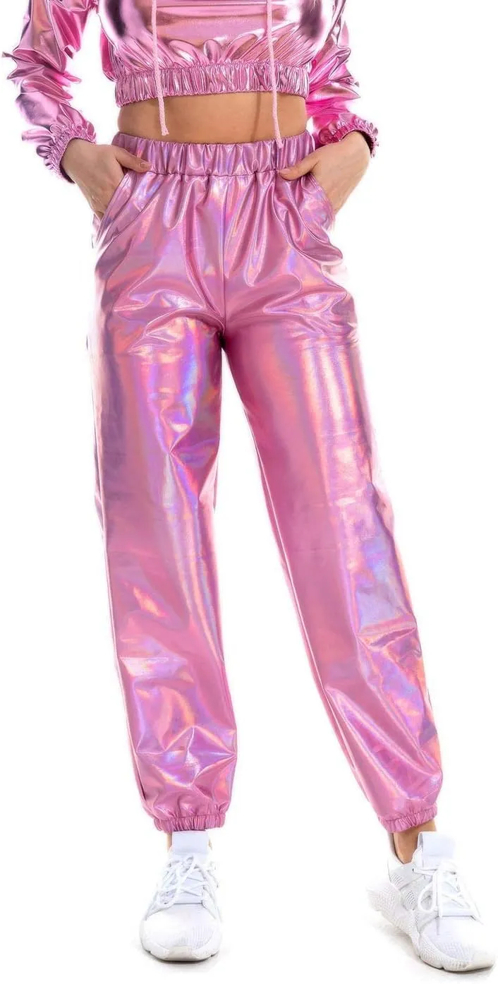 SIAEAMRG Womens Shiny Metallic High Waist Stretchy Jogger Pants, Wet Look Hip Hop Club Wear Holographic Trousers Sweatpant