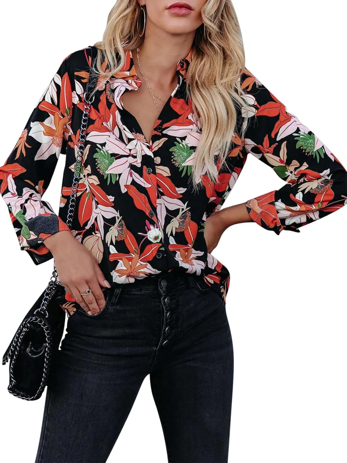 siliteelon Womens Button Down Shirts Dress Shirts Long Sleeve Wrinkle Free Collared Work Blouses Casual Print Chiffon Top