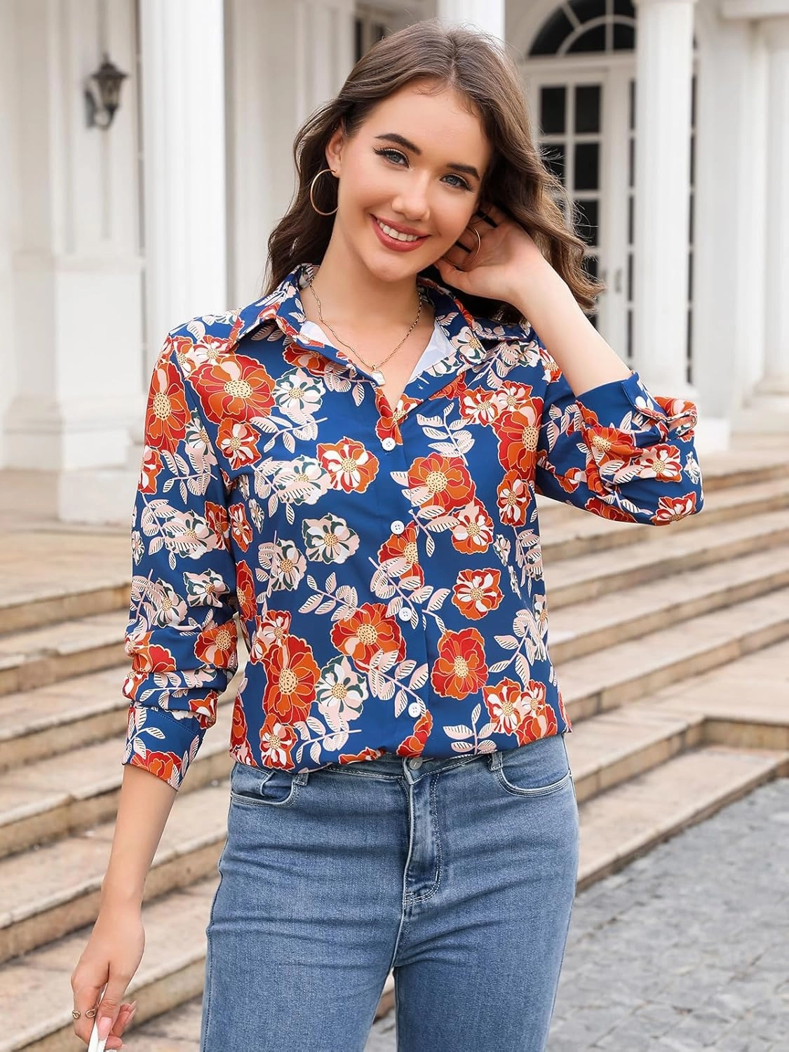 siliteelon Womens Button Down Shirts Dress Shirts Long Sleeve Wrinkle Free Collared Work Blouses Casual Print Chiffon Top