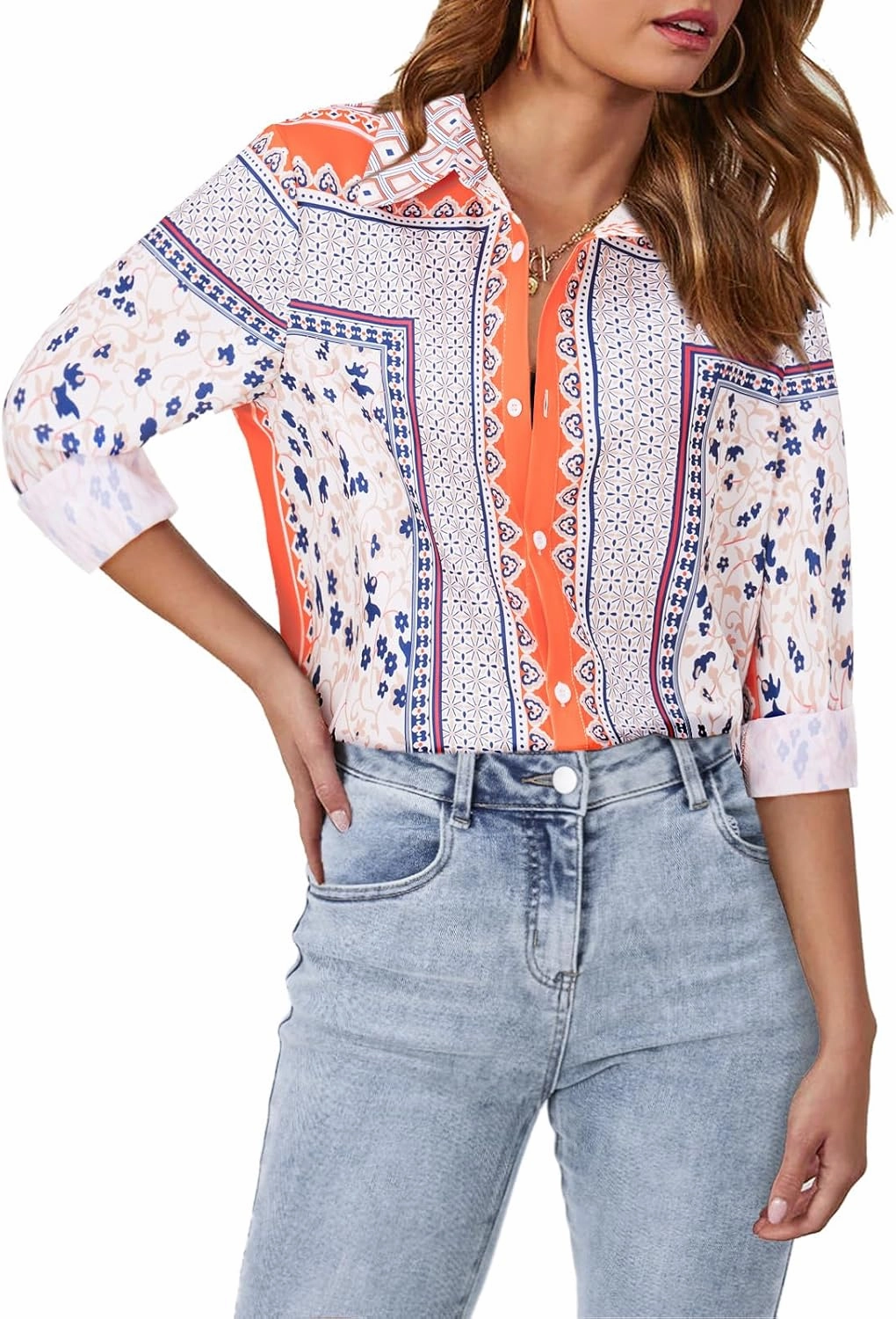 siliteelon Womens Button Down Shirts Dress Shirts Long Sleeve Wrinkle Free Collared Work Blouses Casual Print Chiffon Top