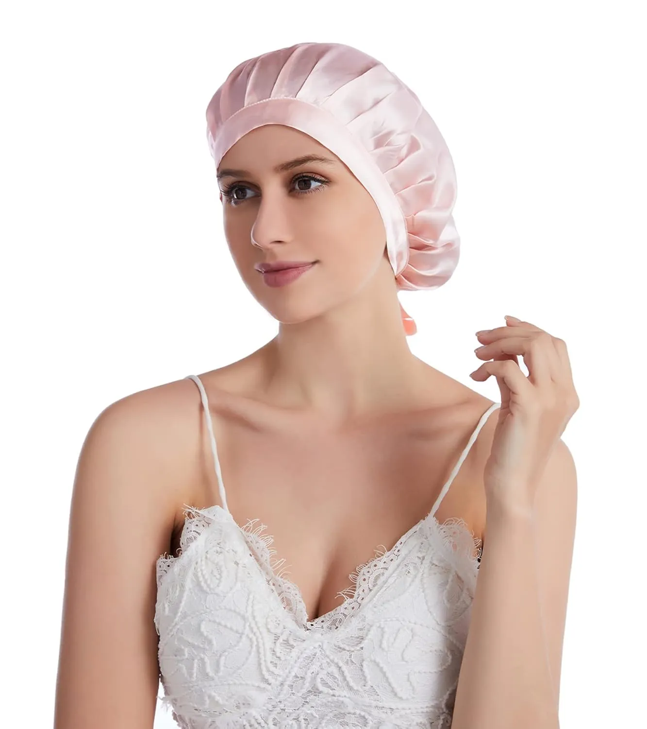 Silk Bonnet for Sleeping 100% Mulberry Silk Sleep Cap for Women Hair Care Night Cap with Adjustable Ribbons(Medim, Pink)