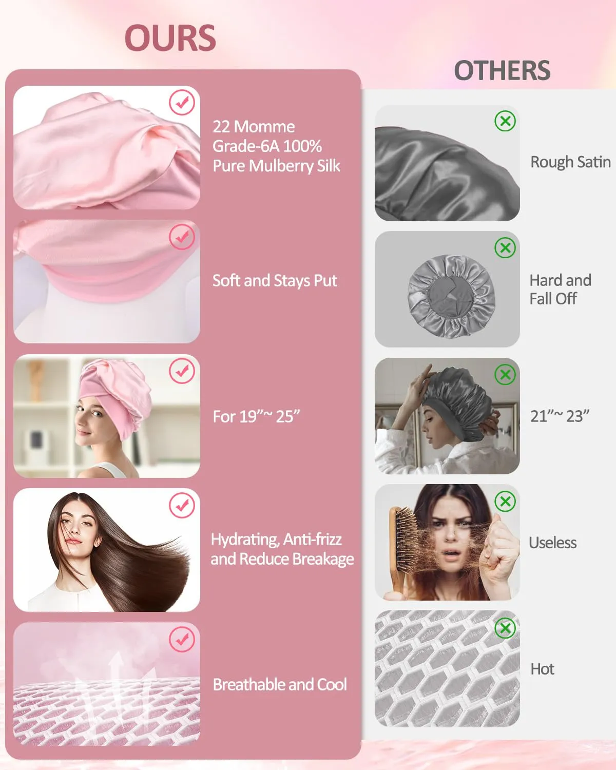Silk Bonnet for Sleeping Women - 22 Momme Grade-6A Mulberry Silk Bonnet for Long Short Straight Curly Hair, Silk Sleep Hair Cap Wrap with Elastic Stay On Head for Overnight Light Pink 1Pcs