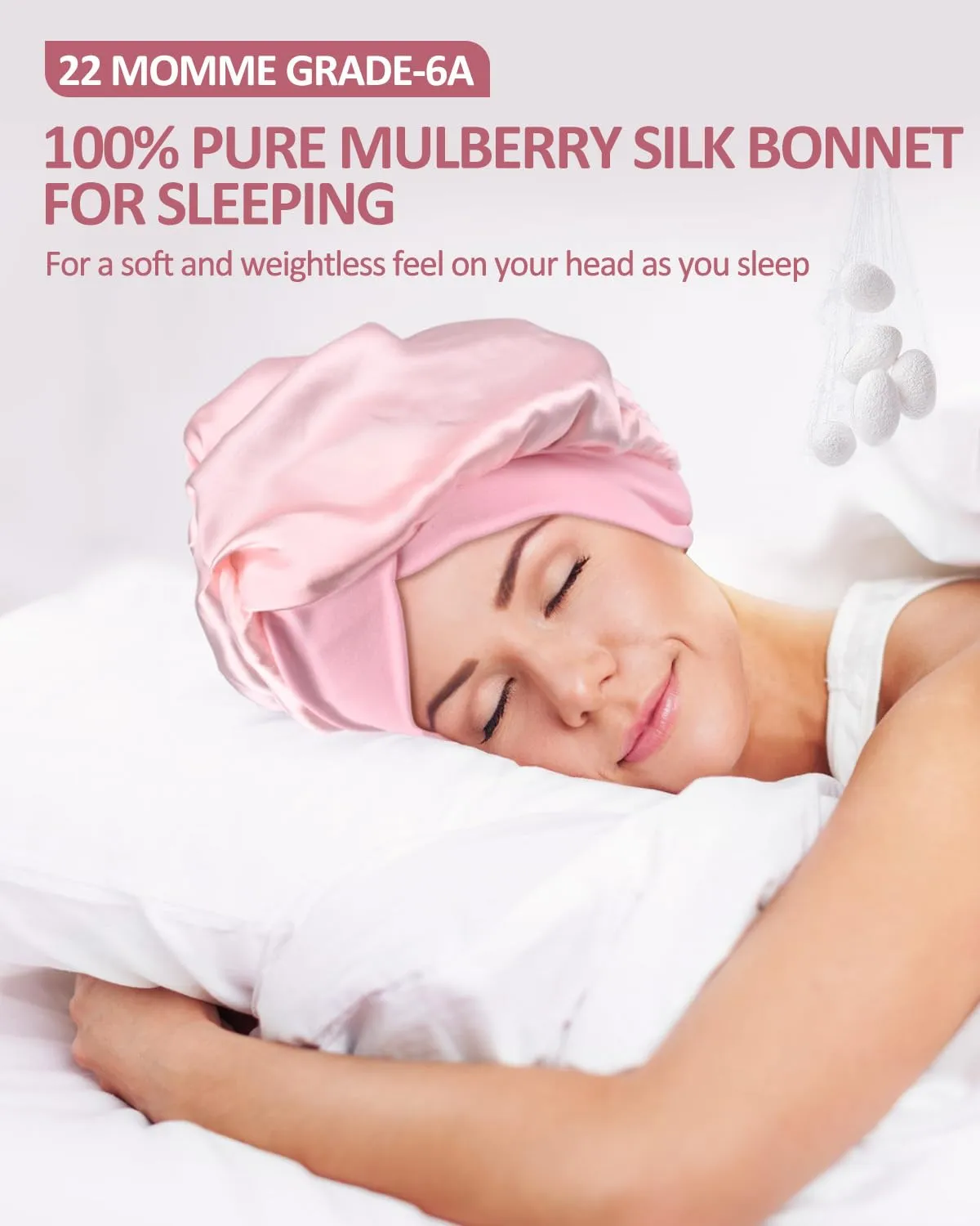 Silk Bonnet for Sleeping Women - 22 Momme Grade-6A Mulberry Silk Bonnet for Long Short Straight Curly Hair, Silk Sleep Hair Cap Wrap with Elastic Stay On Head for Overnight Light Pink 1Pcs