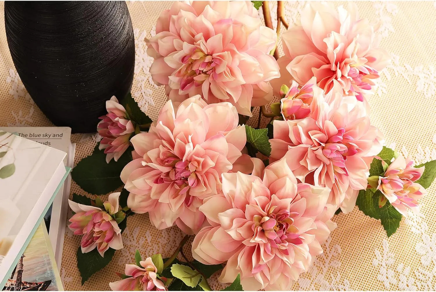Silk Dahlia Artificial Flowers 24 Inch Long Stem - 5 Pack Fake Flowers for Wedding Bouquets, Home Decor, Centerpieces, Table Arrangements - Realistic Looking Faux Dahlia Floral Stems(Pink1)