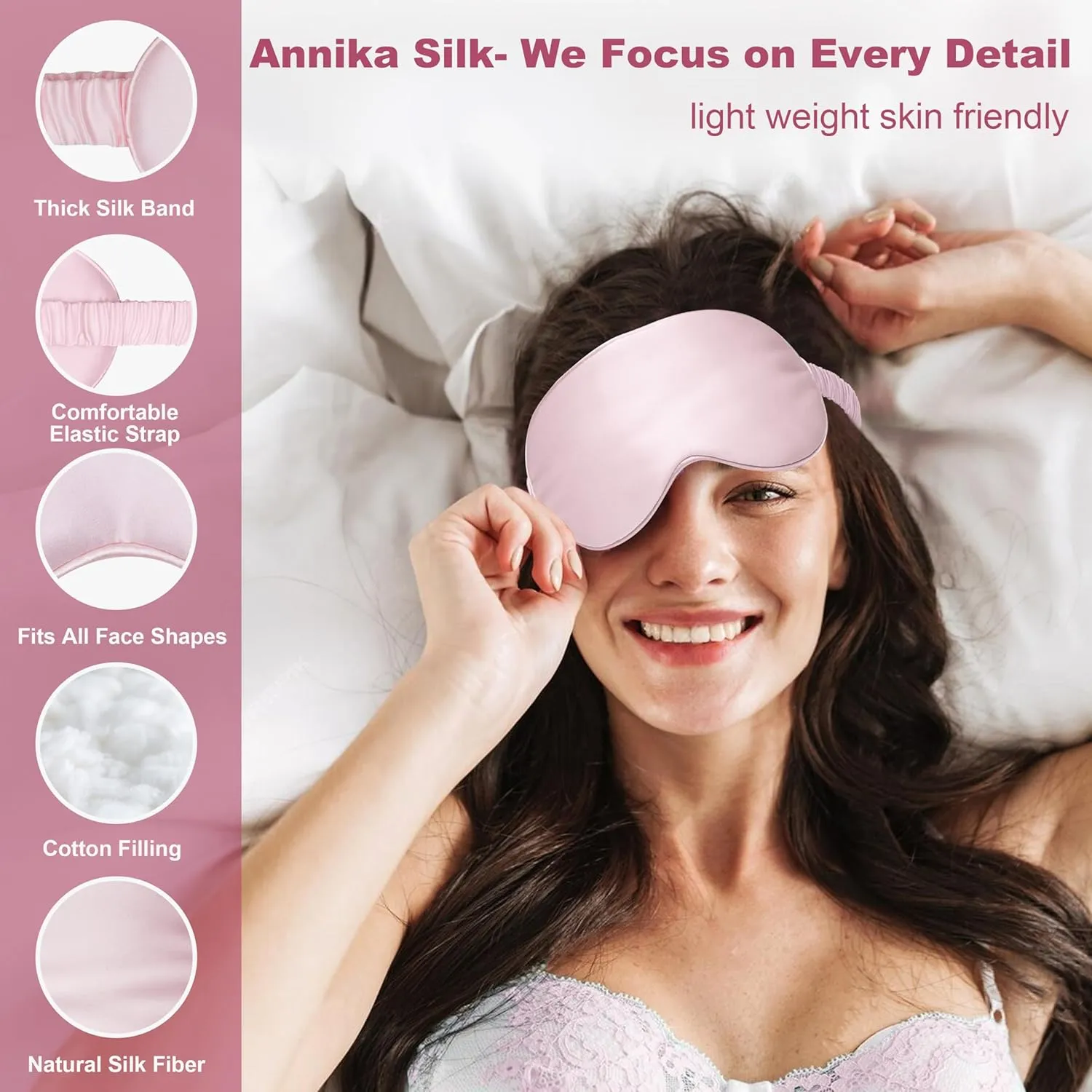 Silk Sleep Mask by ANNIKA SILK™ - 6A Grade 22 Momme 100% Mulberry Eye Mask for Sleeping with Adjustable Strap, Lightweight Silk Eye Mask for Shift Work, Travel and Night Sleep (Pink)