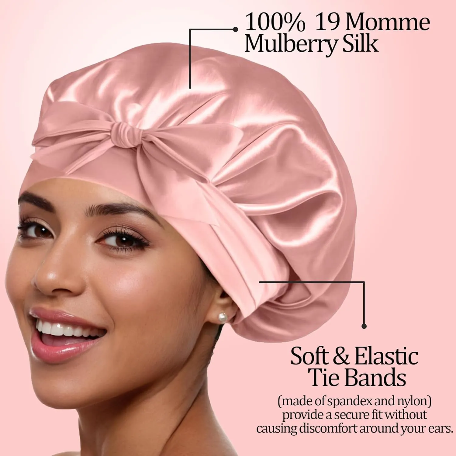 Silk Sleeping Bonnet – 100% Mulberry Silk Sleep Cap Breathable & Adjustable Night Hair Wrap for Women Curly Hair with Elastic Tie Band Silk Satin Turban (Pink)