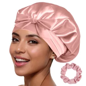 Silk Sleeping Bonnet – 100% Mulberry Silk Sleep Cap Breathable & Adjustable Night Hair Wrap for Women Curly Hair with Elastic Tie Band Silk Satin Turban (Pink)