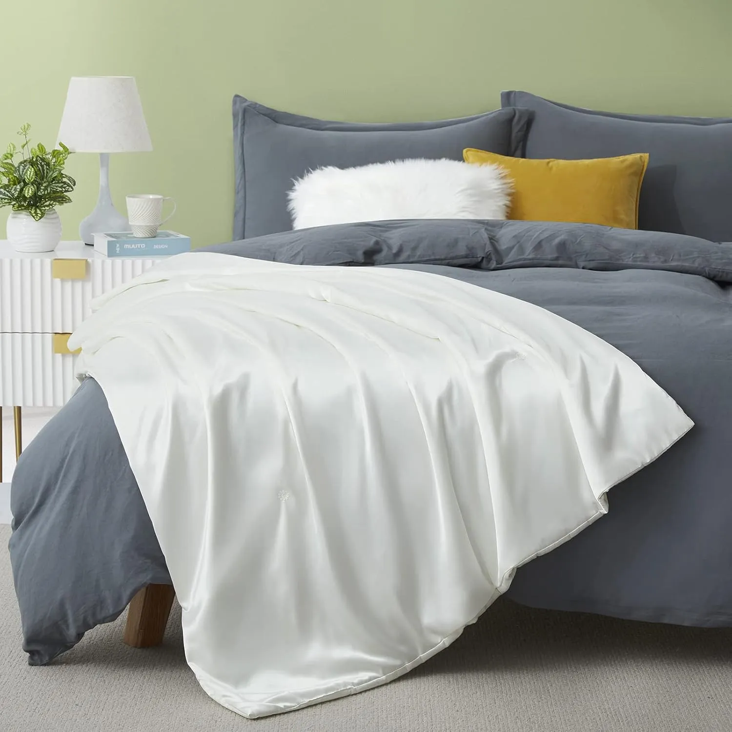 Silk Throw Blanket - White Cooling Packable Satin Blanket for Couch, Bed, Camping, Outdoor, Travel, Car - Super Soft Lightweight Cozy Blanket(90'' x 90'', White)