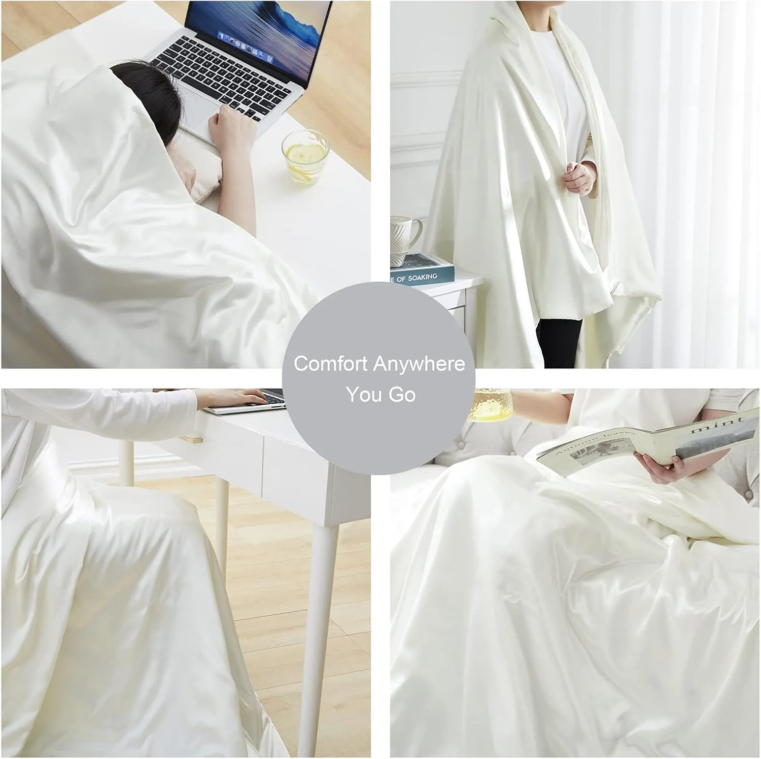 Silk Throw Blanket - White Cooling Packable Satin Blanket for Couch, Bed, Camping, Outdoor, Travel, Car - Super Soft Lightweight Cozy Blanket(90'' x 90'', White)