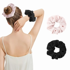 Silk Hair Scrunchies for Women, 100% Mulberry Silk Hair Ties, No Damage for Curly Hair, Large Scrunchie for Sleep, 2-Pack, Light Pink/Balck, L