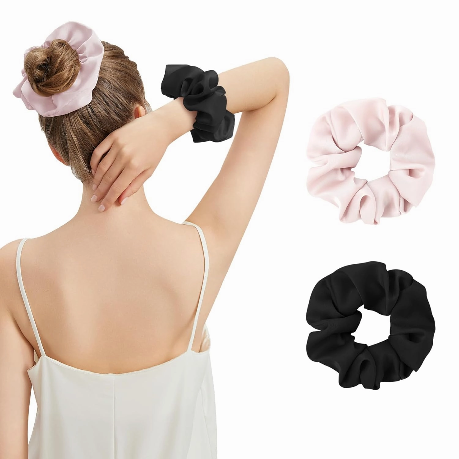 Silk Hair Scrunchies for Women, 100% Mulberry Silk Hair Ties, No Damage for Curly Hair, Large Scrunchie for Sleep, 2-Pack, Light Pink/Balck, L
