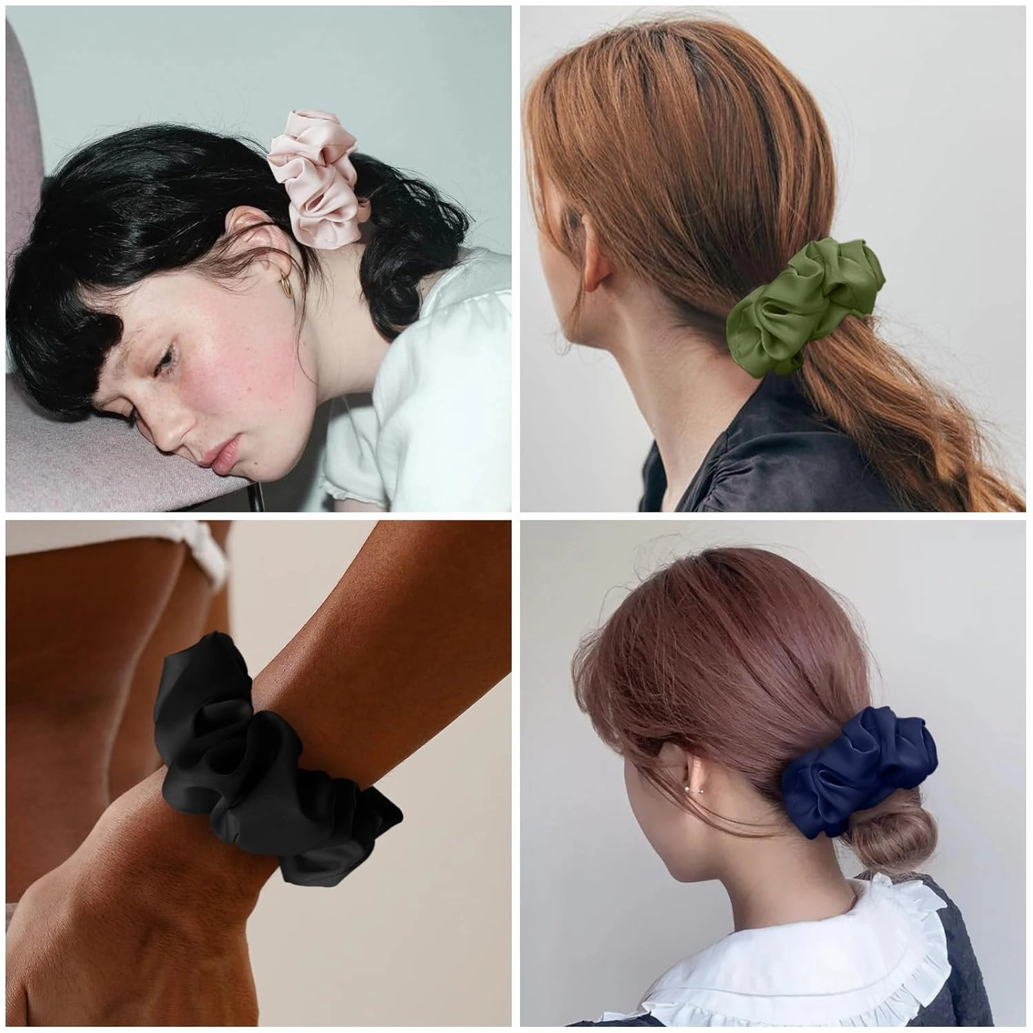 Silk Hair Scrunchies for Women, 100% Mulberry Silk Hair Ties, No Damage for Curly Hair, Large Scrunchie for Sleep, 2-Pack, Light Pink/Balck, L