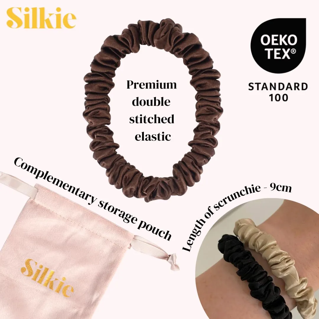 SILKIE x4 Set 100% Pure Mulberry Silk Black Brown Chocolate Pink Nude Neutral Skinny Scrunchies Travel Pouch Everyday Hair Ties Elastics Hair Care Ponytail Holder No Damage (Champagne)