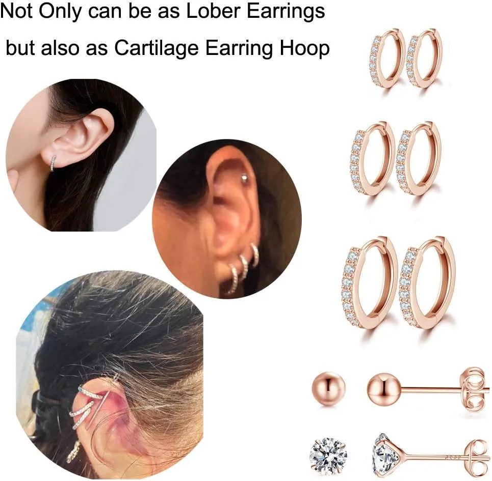 Silver Hoop Earrings for Women, 925 Sterling Silver Huggie Hinged Earrings with AAA Cubic Zirconia, Diameter 13mm Hypoallergenic Small Sleeper Hoop, 8/10/12/13MM