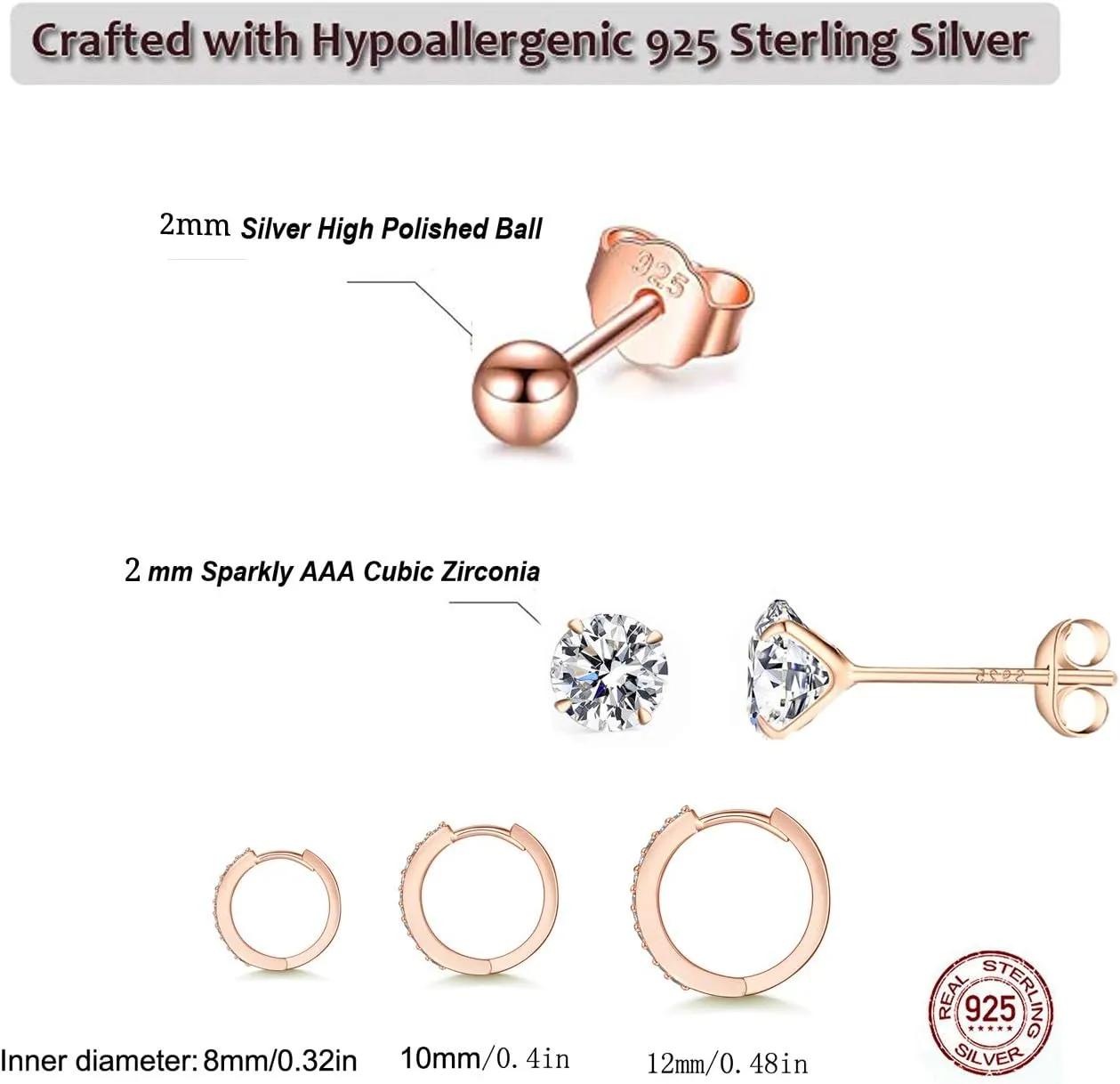Silver Hoop Earrings for Women, 925 Sterling Silver Huggie Hinged Earrings with AAA Cubic Zirconia, Diameter 13mm Hypoallergenic Small Sleeper Hoop, 8/10/12/13MM