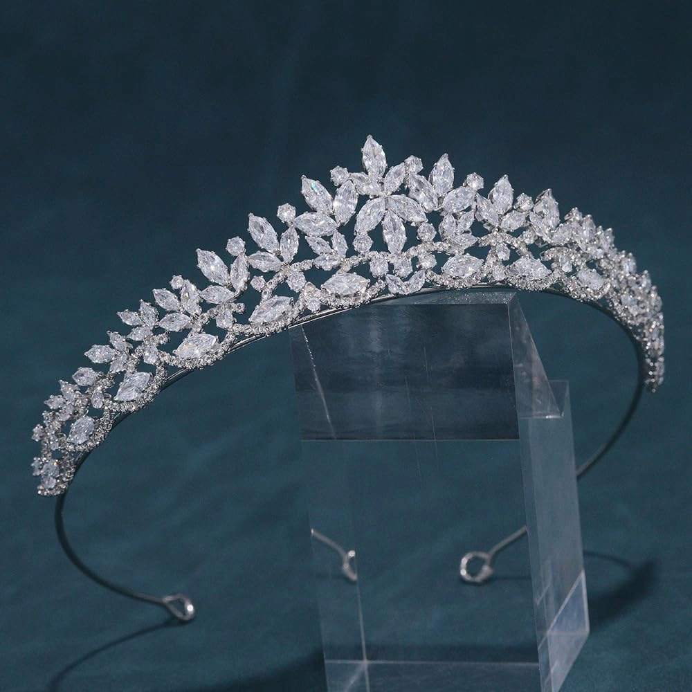 Silver CZ Wedding Tiaras for Brides Floral Princess Crowns for Women Cubic Zirconia Bridal Headband Sweet 16 Crown Birthday Hair Accessories