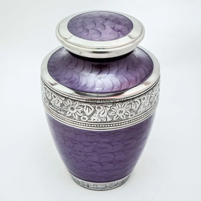 Silver Engraved Cremation Urn for Human Ashes Adult Funeral Urn Handcrafted - Large Burial Urn for Human Ashes - Bag Included (7" x 7" x 10" - 200 bs or 90 kg, Pearl Purple)