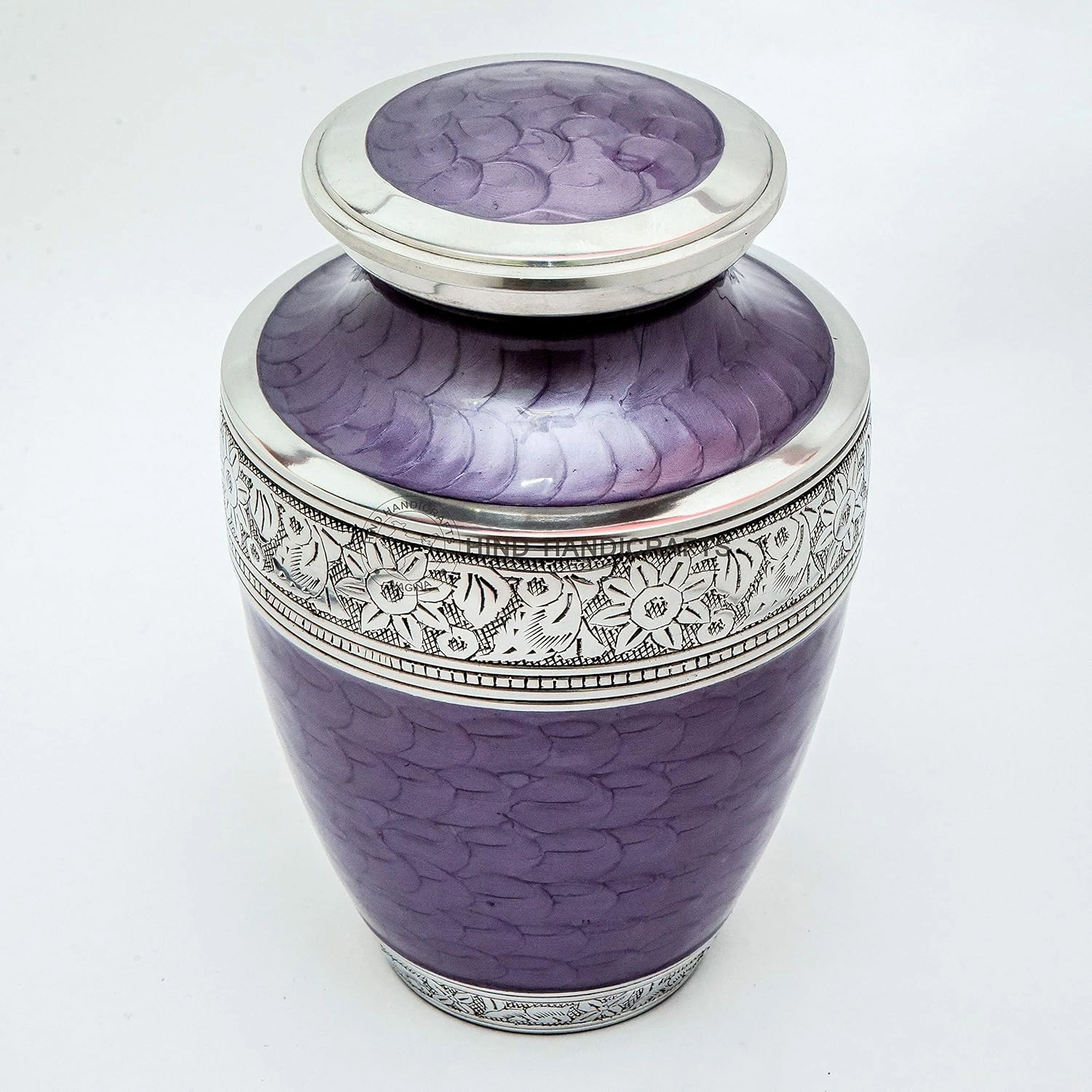 Silver Engraved Cremation Urn for Human Ashes Adult Funeral Urn Handcrafted - Large Burial Urn for Human Ashes - Bag Included (7" x 7" x 10" - 200 bs or 90 kg, Pearl Purple)