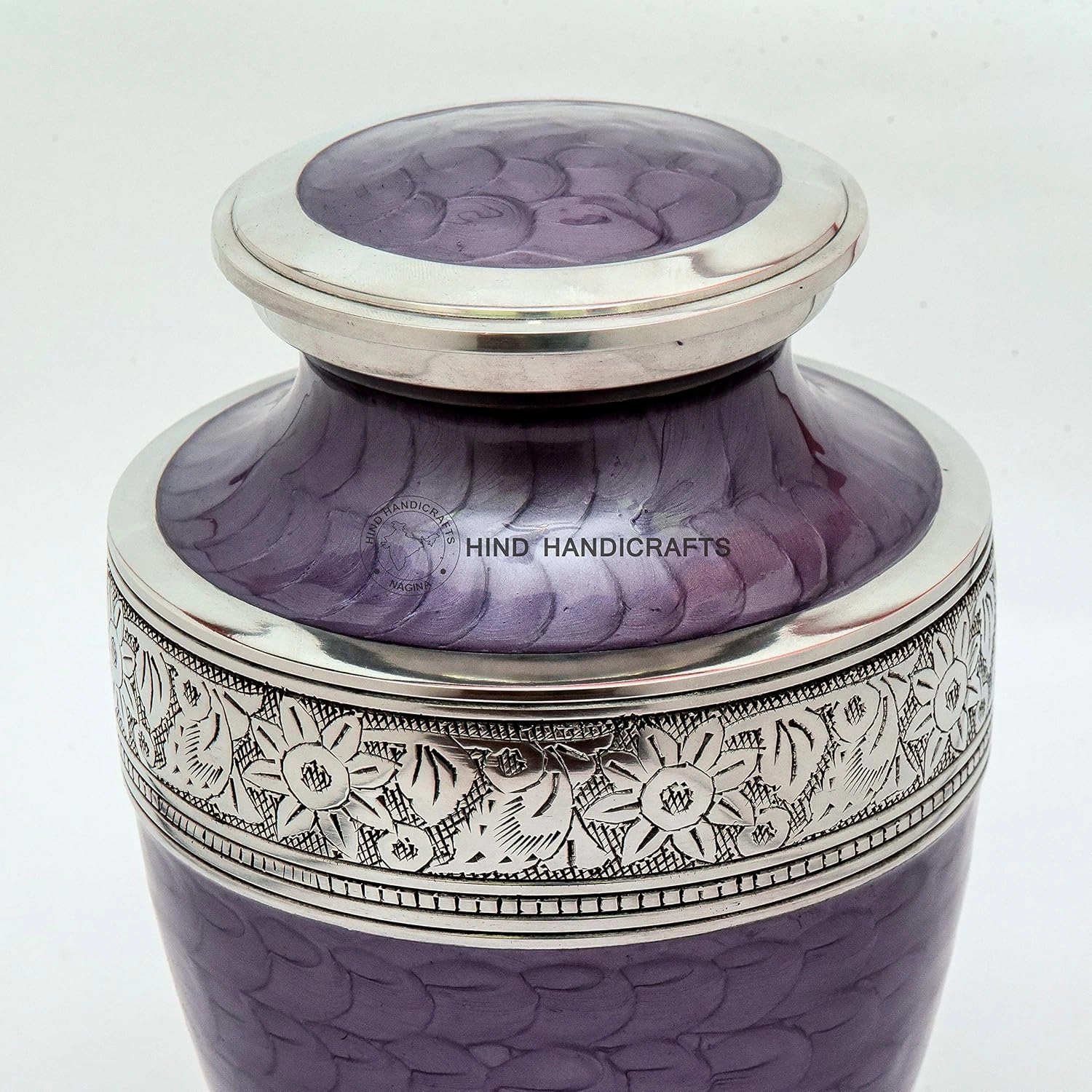 Silver Engraved Cremation Urn for Human Ashes Adult Funeral Urn Handcrafted - Large Burial Urn for Human Ashes - Bag Included (7" x 7" x 10" - 200 bs or 90 kg, Pearl Purple)