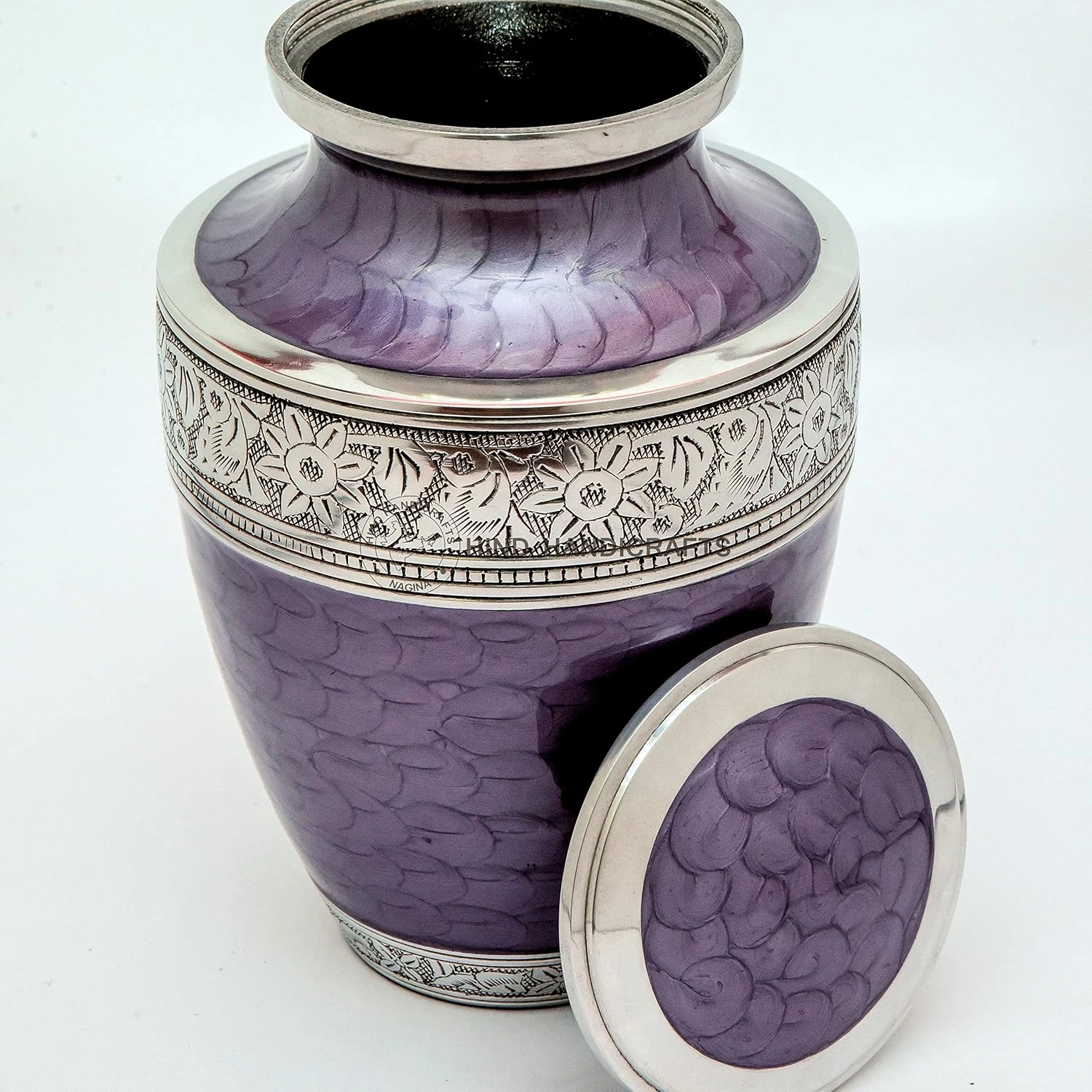 Silver Engraved Cremation Urn for Human Ashes Adult Funeral Urn Handcrafted - Large Burial Urn for Human Ashes - Bag Included (7" x 7" x 10" - 200 bs or 90 kg, Pearl Purple)