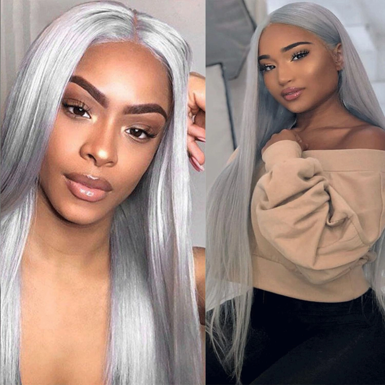 Silver Gray Straight Lace Front Wigs Human Hair 13x4 HD Transparent Lace Front Wig Gray Platinum Human Hair Wigs for Women 16 Inch 180% Density